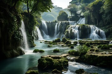 Serene cascading waterfall in lush green jungle landscape with mossy rocks and tranquil pool.