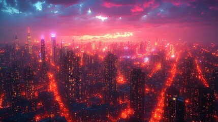 Fototapeta premium Night city skyline, red and pink sunset.