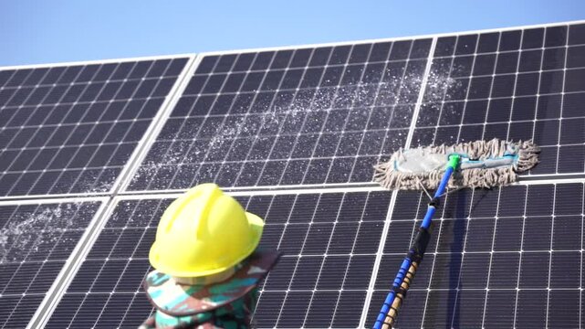 The view of the solar farm(solar panel), alternative electricity source, cleaning will increase performance to high, Photovoltaic module idea for clean energy production to protect the environment.