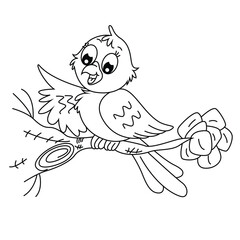 Cute cartoon hand drawn vector bird sitting on a branch coloring page.