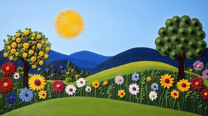 Naklejka premium Vibrant blooming flowers and trees scenic hills nature illustration sunny day colorful landscape artistic view