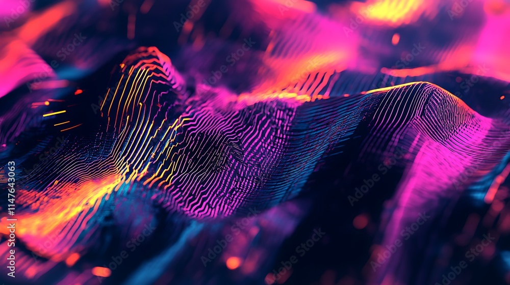 Poster digital art depicting a neon landscape with dynamic display of color light.