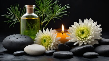 Still life of with Chrysanthemums candle and zen black stones with green palm ,bottle oil on wet background