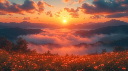 Fototapeta premium Sunset over misty mountains, fiery flowers.