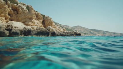 Naklejka premium Crystal-clear turquoise water near a rocky coast on a sunny day.