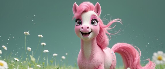 Cute pink pony with playful mood in green meadow