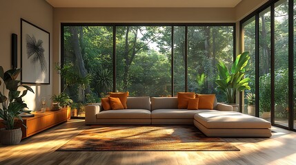 Modern living room with large windows and a view of a forest. Concept of relaxation, nature, and modern interior design.