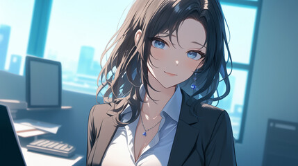 kawaii anime cartoon style business woman in office work background