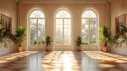 Elegant sunlit interior with large arched windows. Concept of luxury, tranquility, and spaciousness.