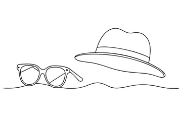 Sunglasses with Thin Metal Frame and Summer Hat by the Shore