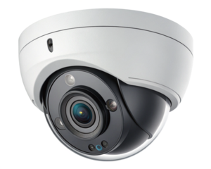 Closeup of white dome type cctv digital security camera installed on ceiling for observation. PNG