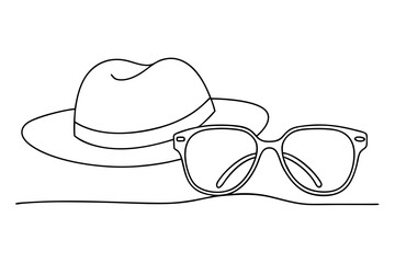 Sunglasses with Thin Metal Frame and Summer Hat by the Shore