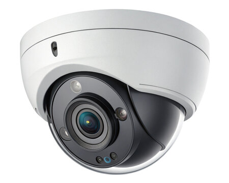 Closeup of white dome type cctv digital security camera installed on ceiling for observation. PNG