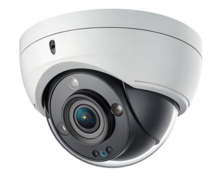 Closeup of white dome type cctv digital security camera installed on ceiling for observation. PNG