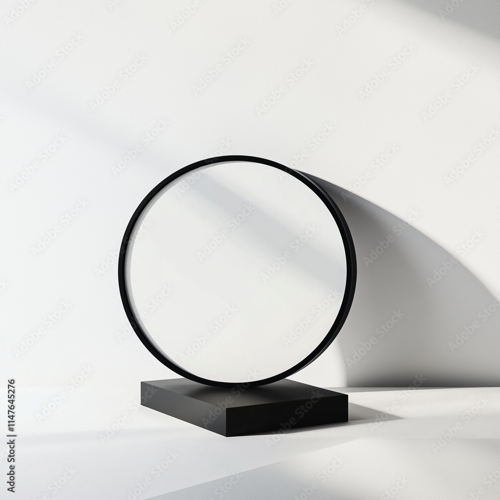 Poster Mockup of round photo frame standing on black base on white background with space for text