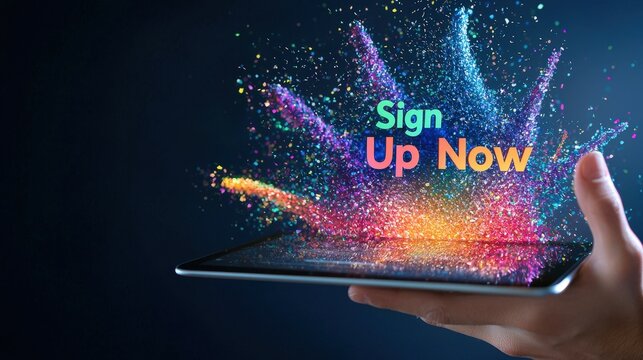 Hands holding a tablet showing a colorful "Sign Up Now" page