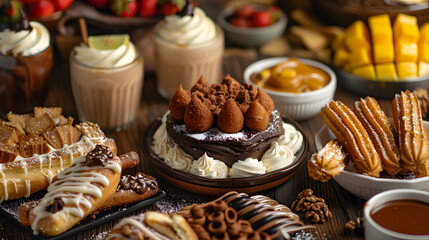 Selection of various sweet treats including churros and cakes