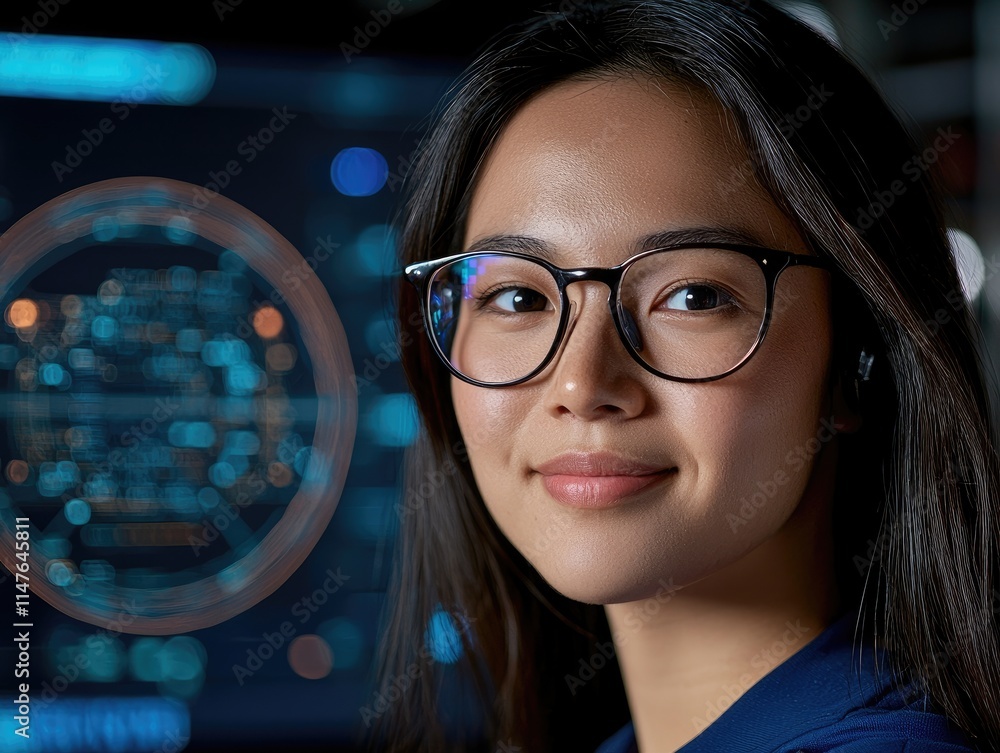 Poster technology professional analyzing data modern office portrait image bright environment close-up view
