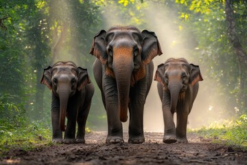 Fototapeta premium Elephants walking through lush forest wildlife photography natural environment tranquil viewpoint conservation concept