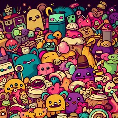 Colorful whimsical doodle illustration featuring various cute characters, objects, and food items.