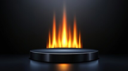Black Cylinder Platform with Fiery Flames Rising Above