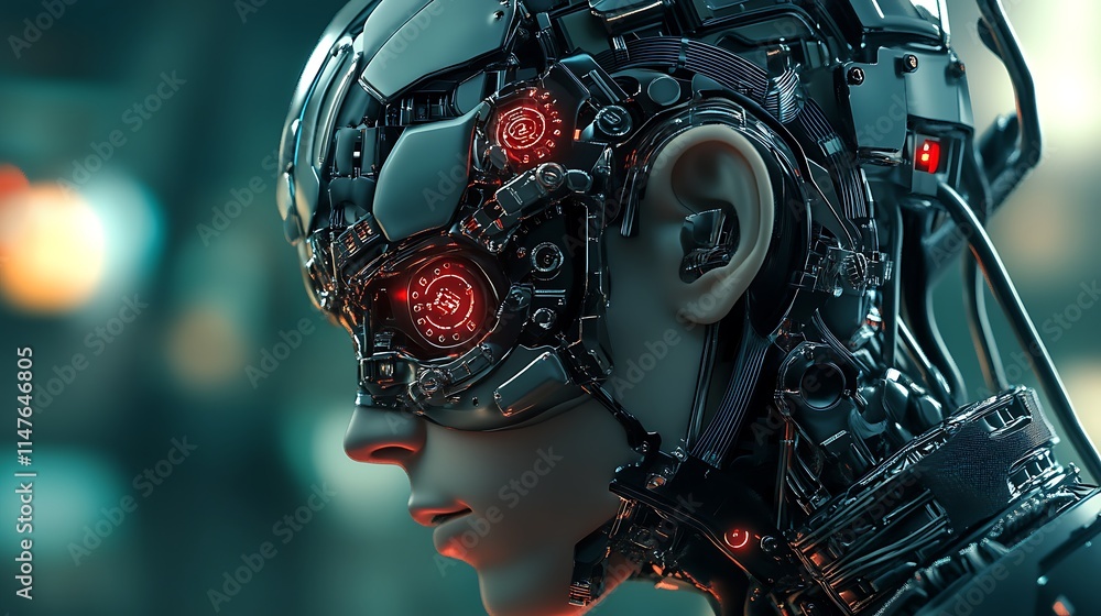 Poster close-up of a detailed robotic head with intricate mechanics glowing red components for futuristic v
