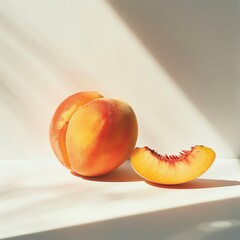Peach with a slice cut out, on a white background, detailed close-up, vibrant colors, soft shadow, bright lighting, minimalistic style