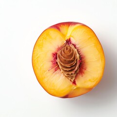 Half a peach with a pit on a white background, detailed close-up, bright lighting, sharp focus, studio shot, crisp and clean image