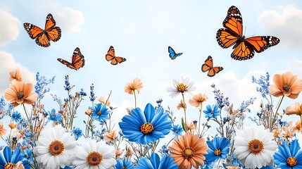 Monarch Butterflies Dancing Above a Summer Wildflower Meadow AI Generated