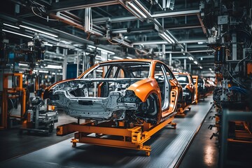 Car assembly line in a modern factory. Orange car body on a conveyor belt.