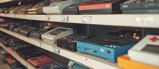 Rows of pre-loved video game consoles displayed in a thrift store, sleek arrangement, 