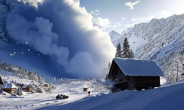 A snowy landscape with a looming avalanche and quaint cabins in a mountainous setting.