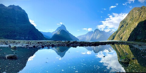 Views of the Mitre Peak at The Milford Sound, Southland, New Zealand