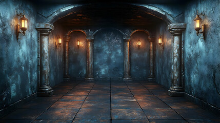 Fototapeta premium Dark Room with Pillars and Lanterns 3D Illustration
