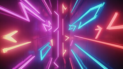 Abstract neon light tunnel with vibrant colors and arrows.