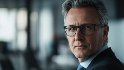 Fototapeta premium A focused man wearing glasses looks thoughtfully in a modern office setting, showcasing a calm demeanor against a blurred background of workstations.