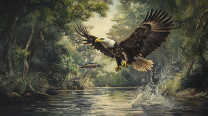 Fototapeta premium majestic bald eagle swoops down to catch fish in serene forest