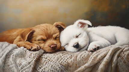 Two dogs are sleeping peacefully on blanket, one brown and one white