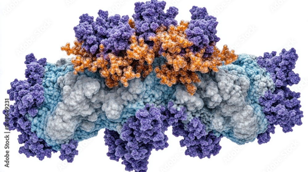 Poster microscopic 3d rendering of a complex protein structure with multiple subunits in purple, orange, an
