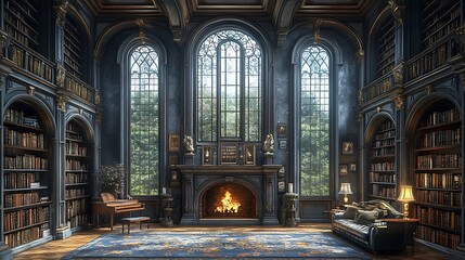 Fototapeta premium Grand Library Interior, Elegant Reading Room. Concept of knowledge, history, and luxury.