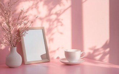 Pink background with blank frame, flowers, and coffee cup in sunlight.