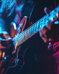 Obraz premium Electrifying Guitar Performance: A Close-Up of a Musician's Passionate Play on Stage under Vivid Lighting