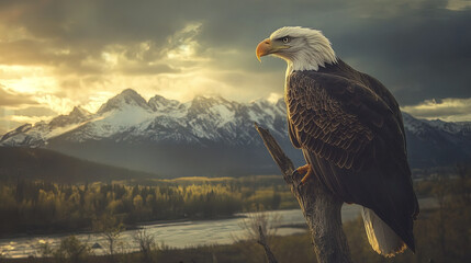 Fototapeta premium Majestic bald eagle perched on branch overlooking mountains and river