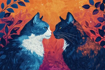 Detailed Portrait of Two Colorful Cats Facing Each Other Brightly