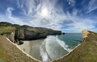 Panoramic views of beautiful Tunnel Beach in Dunedin, New Zealand 