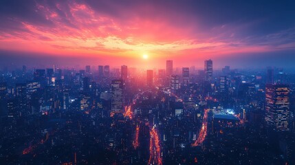 Obraz premium City skyline sunset, vibrant colors, nighttime lights.