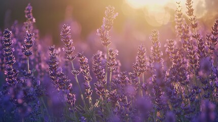 Naklejka premium A picturesque lavender field features endless rows of aromatic purple blooms swaying softly in the wind, ideal for nature lovers and photographers.
