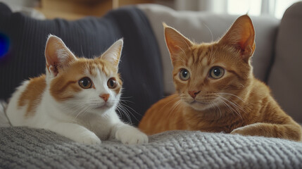 Cute cats sitting together on cozy sofa, showcasing their playful bond