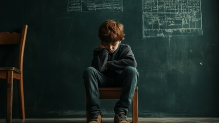 sad depressed child sitting on chair near chalk blackboard in classroom