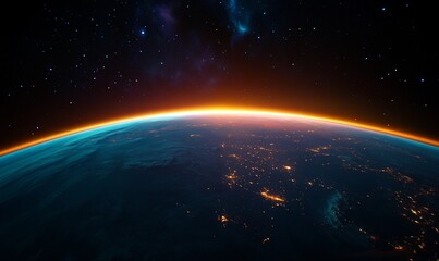 Obraz premium Sunrise over Earth from space, showing city lights and atmospheric glow.